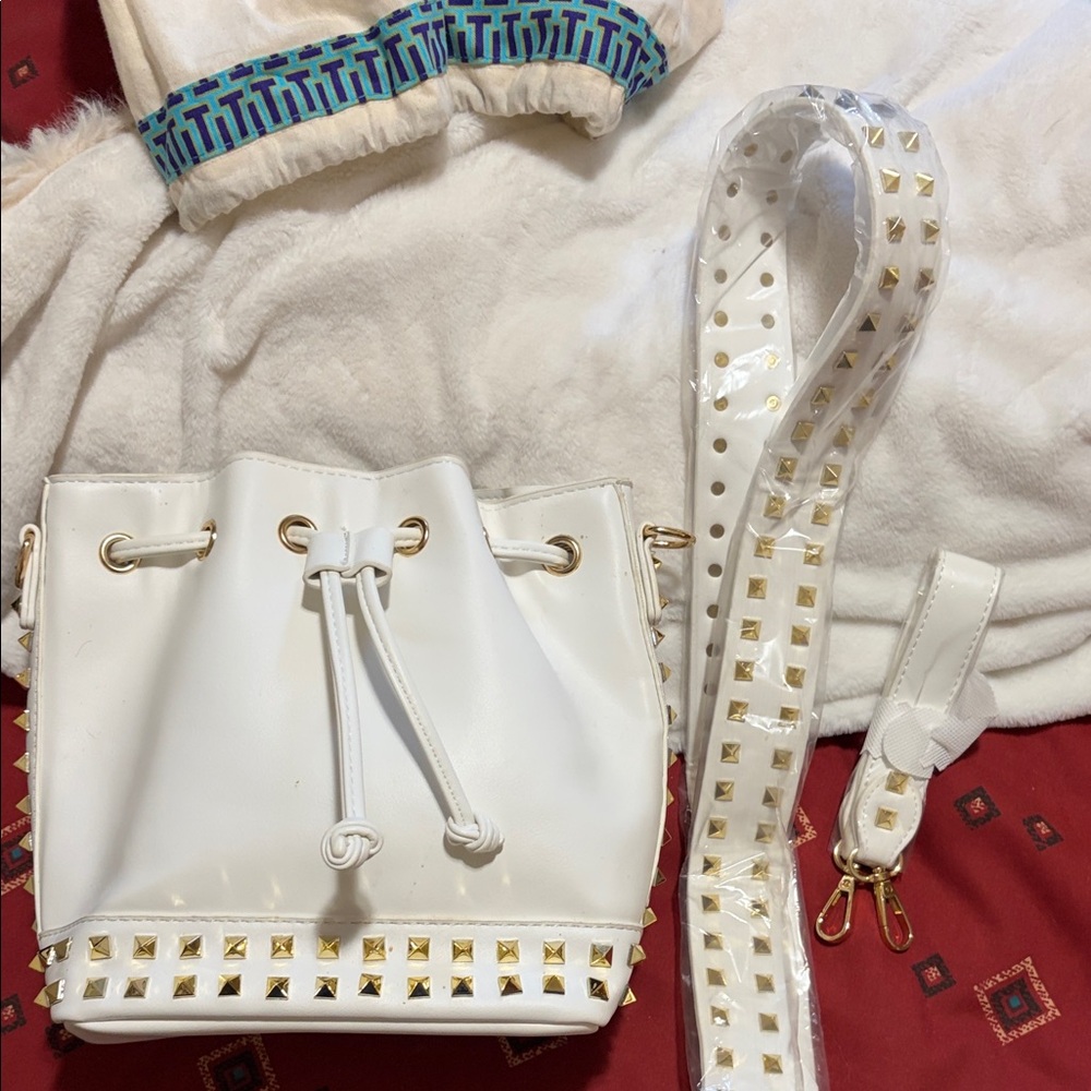 White and Gold Studded Bucket Bag